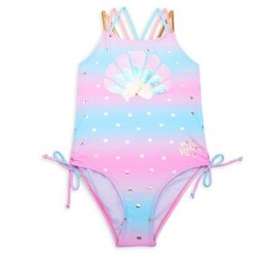 Betsey Johnson Girls 6 Sequins Clam Tie Dye Side Ties One-Piece Swimsuit - GUC!